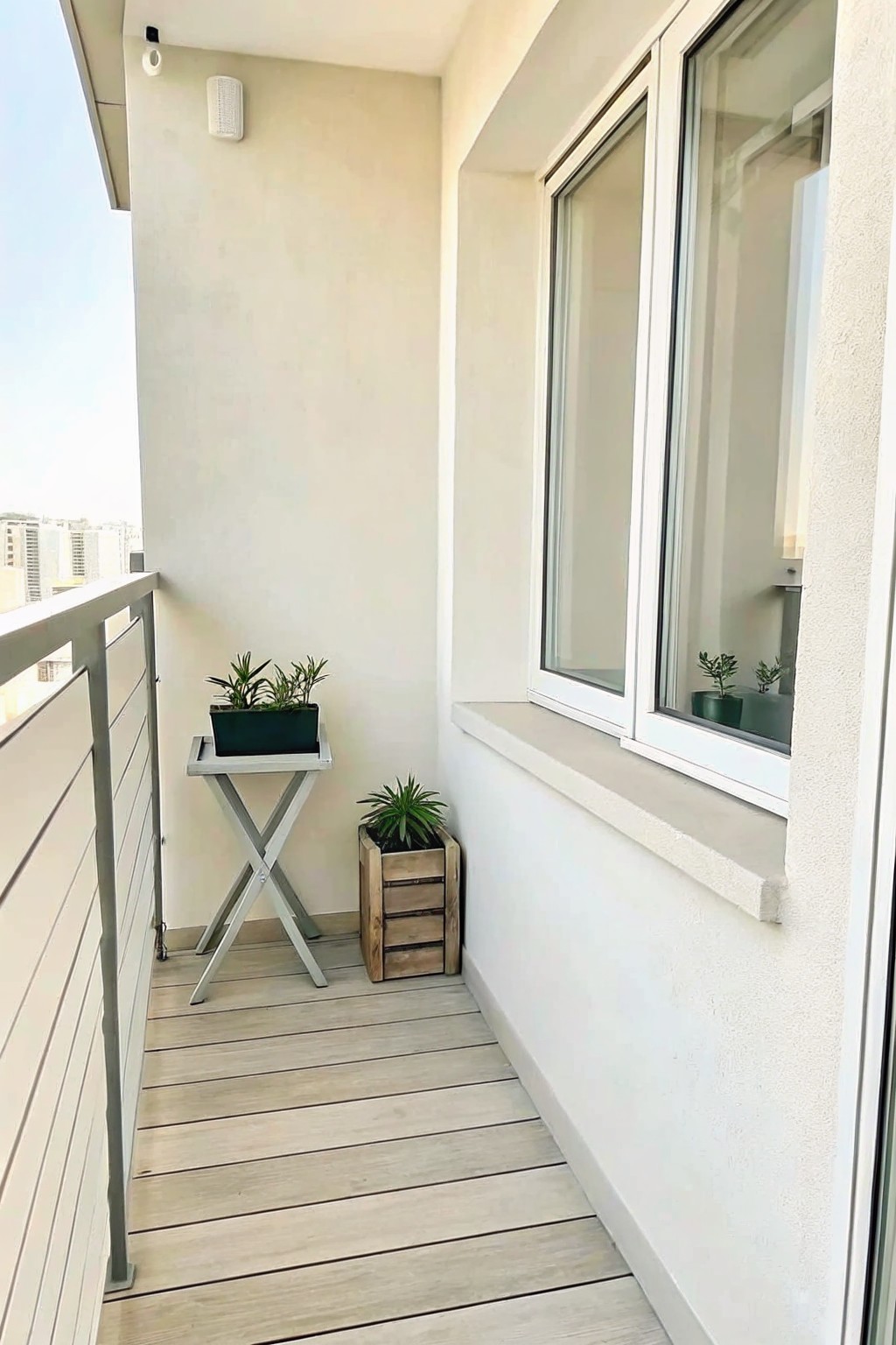 A narrow balcony with light wood flooring shows two plants, one in a wooden crate and another on a small folding table, beside a white window frame.