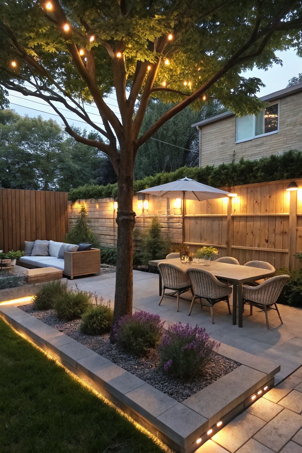 Twilight backyard patio with string-lit tree, dining set, umbrella, and glowing garden beds.