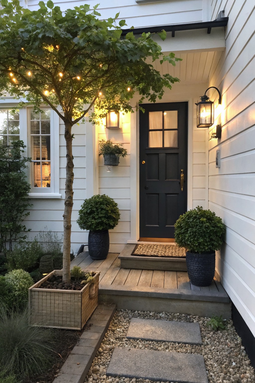 A white house with a dark front door, a tree wrapped in string lights beside the porch, and two potted shrubs flanking the steps.