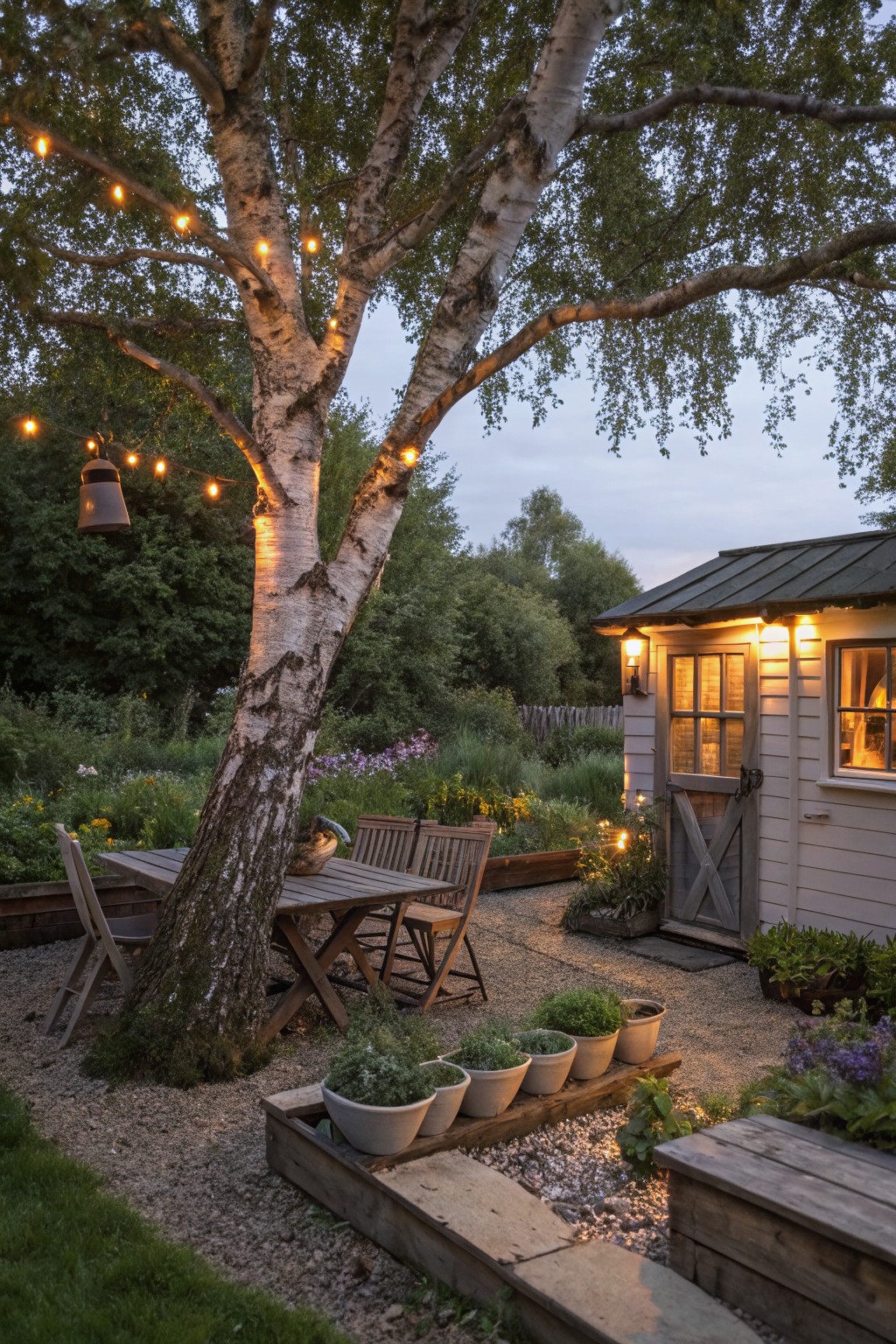A large tree with string lights hung through its branches above a wooden table and chairs on gravel, next to a shed and rows of potted plants.
