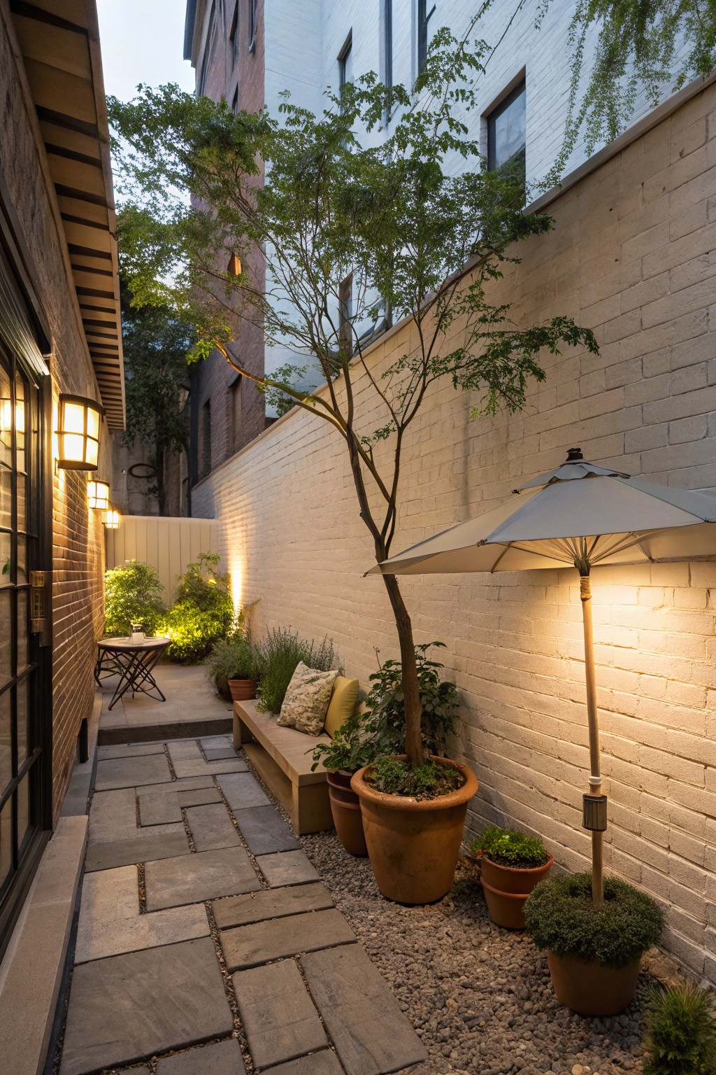 Narrow brick courtyard with stone path, potted tree, umbrella, bench, and lights.