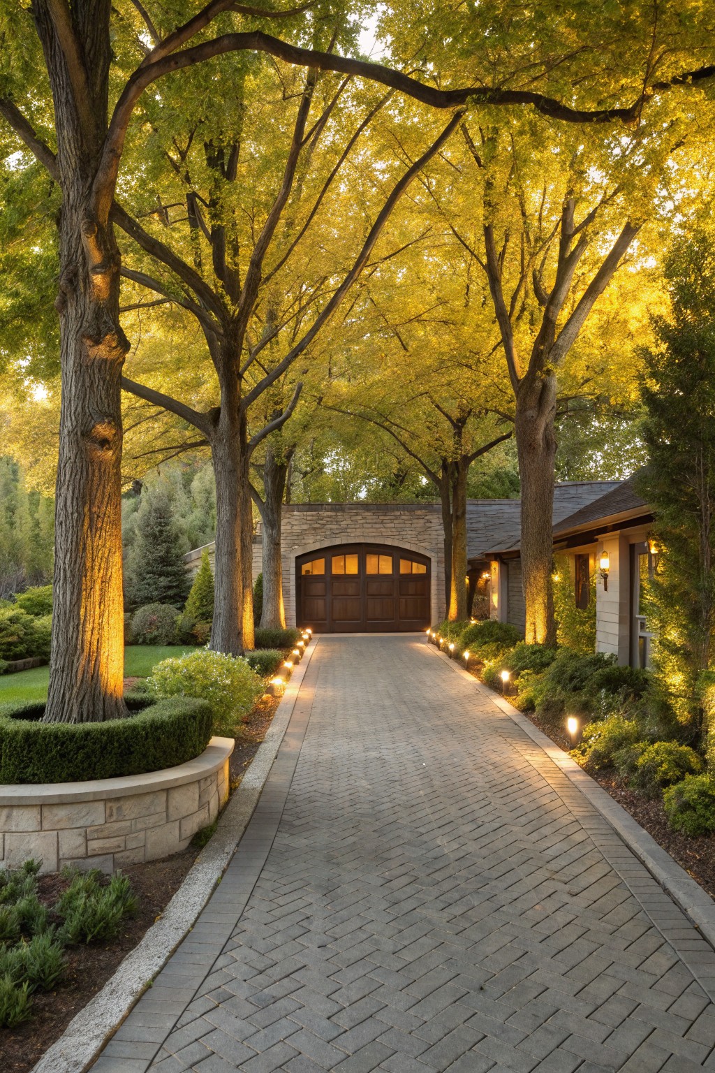 Brick driveway lined with lights and golden trees leading to arched garage