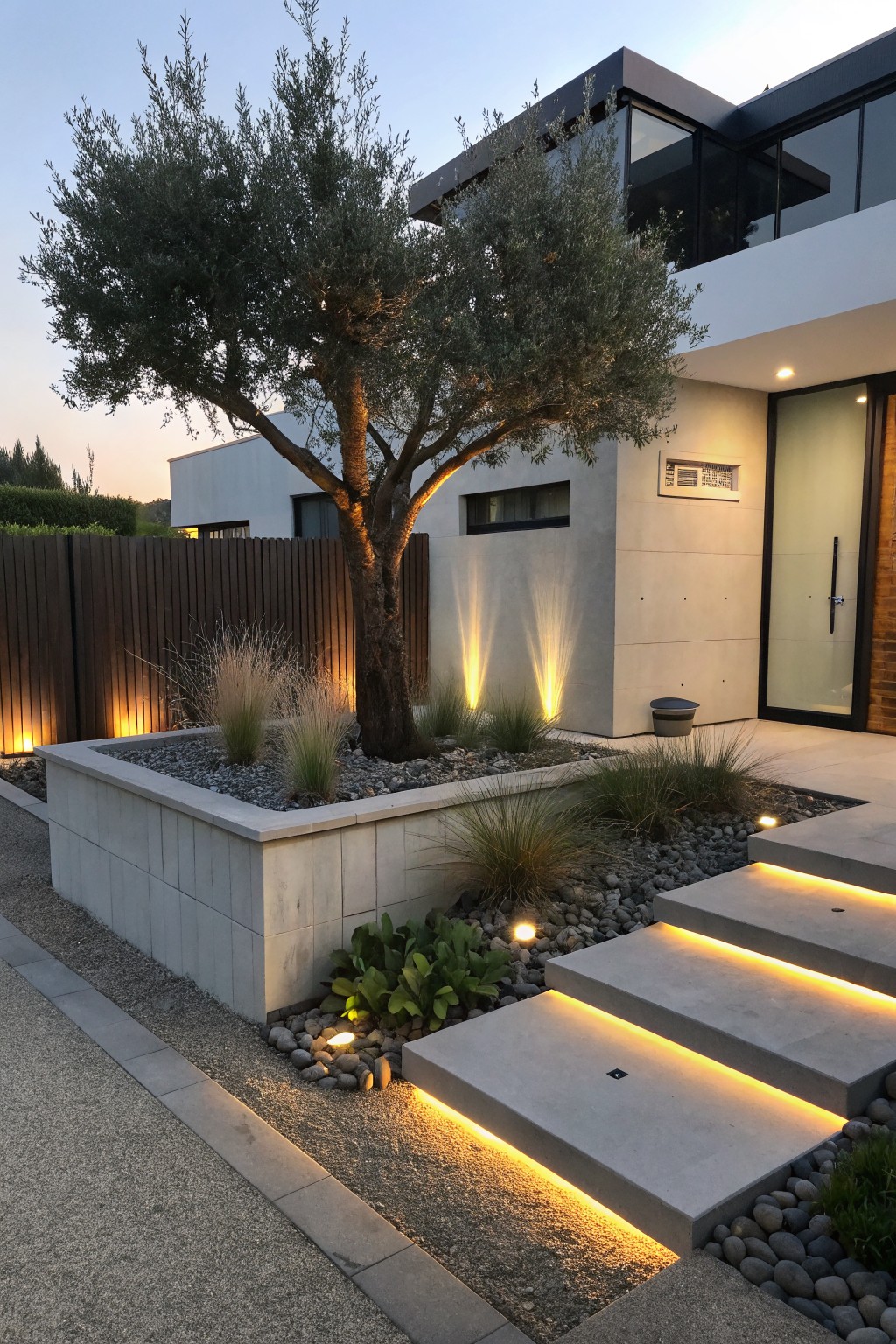 Modern concrete home with illuminated steps, olive tree, and pebble garden at dusk