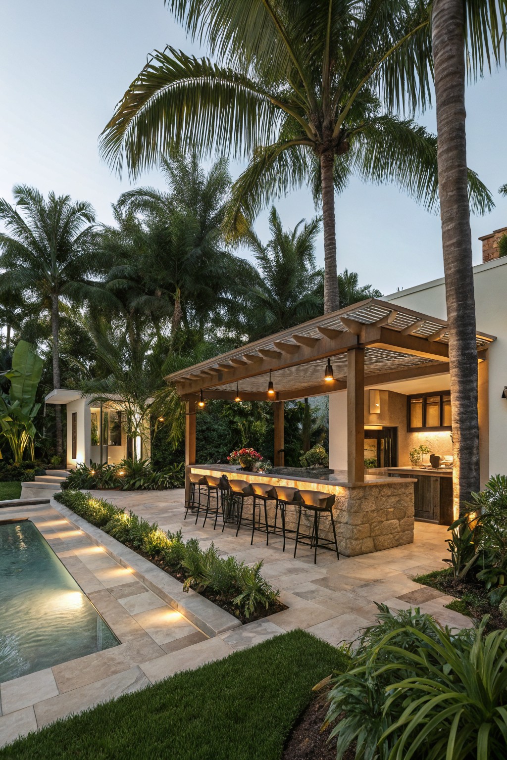 Outdoor patio with stone bar, bar stools, and pergola surrounded by tall palm trees at dusk, with uplighting on the trees and pool in the foreground.