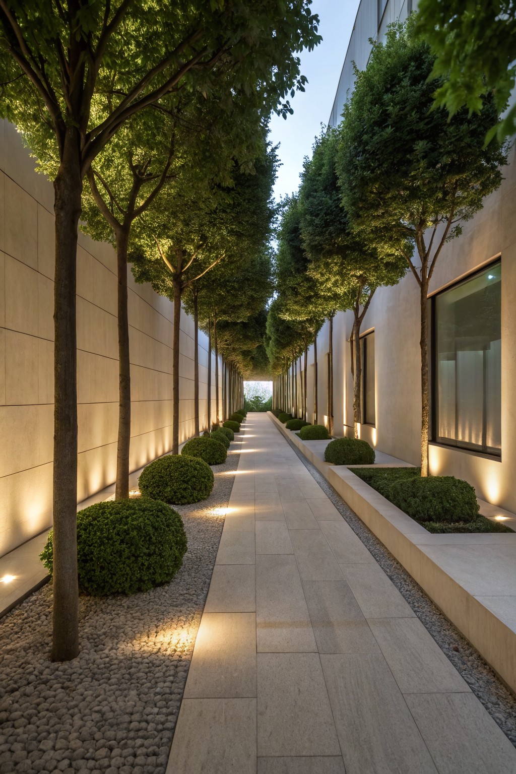 Narrow paved walkway lined with tall trees and rounded shrubs between lit walls.