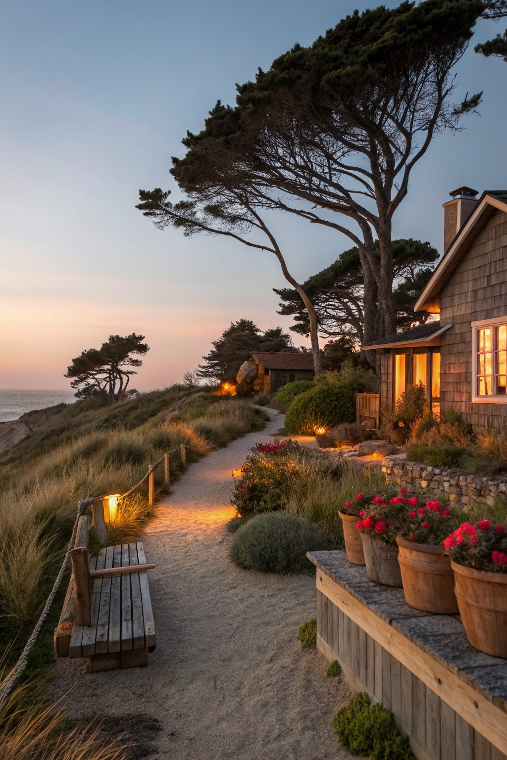 Coastal path at dusk with bench, potted red flowers, and lit wooden cottage by sea.