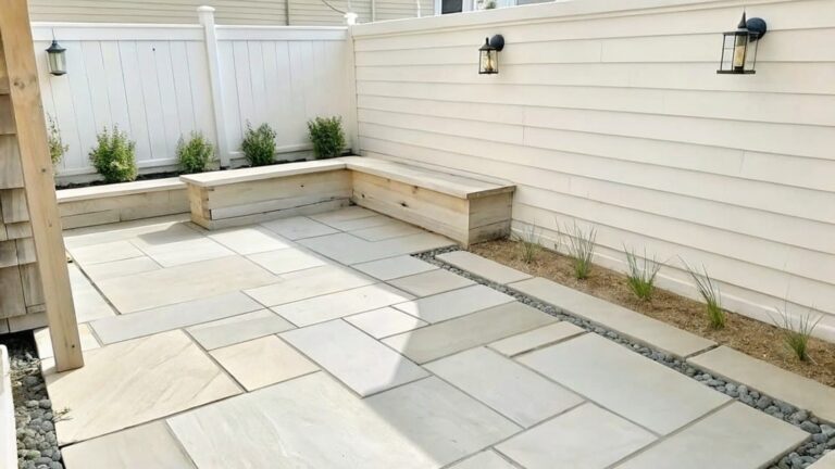 Outdoor patio with wooden benches, woven stools, lanterns on white wall, jute rug