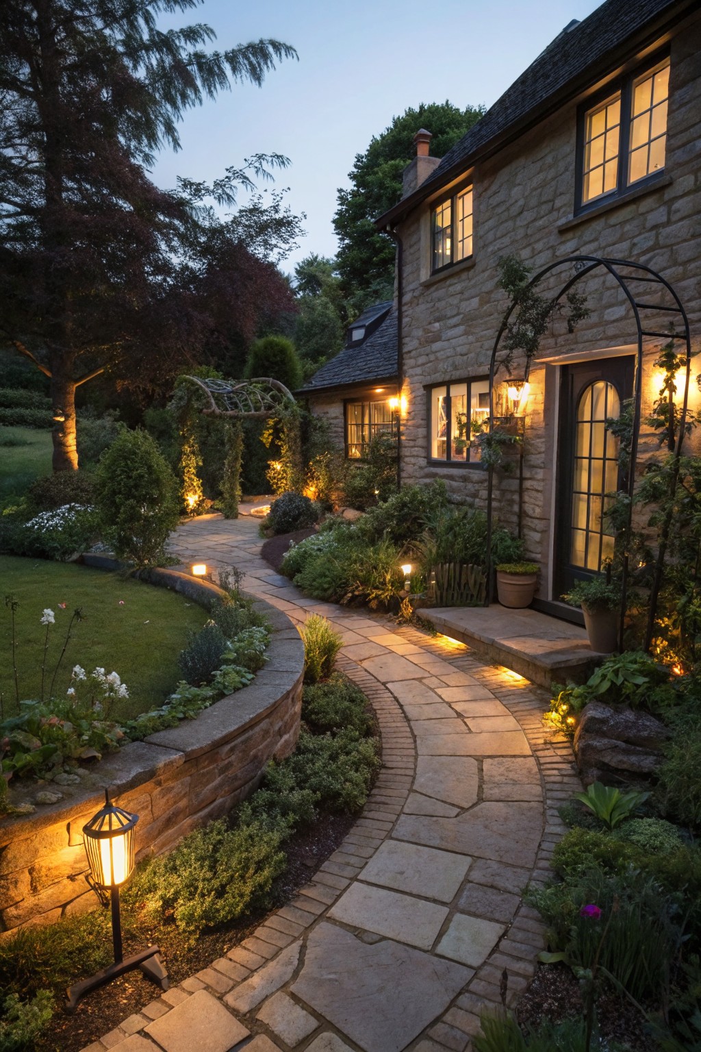 A curved stone pathway lined with low path lights leads through garden beds to the front door of a stone house at dusk.
