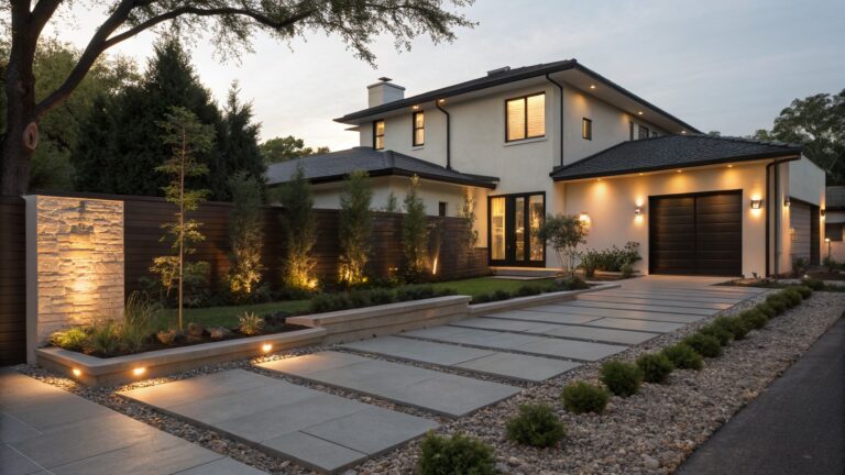 19 Smart Front Garden Lighting Ideas That Improve Curb Appeal After Dark A modern house at dusk with front garden beds edged by low lights, a concrete walkway, and stone steps leading to the entrance.