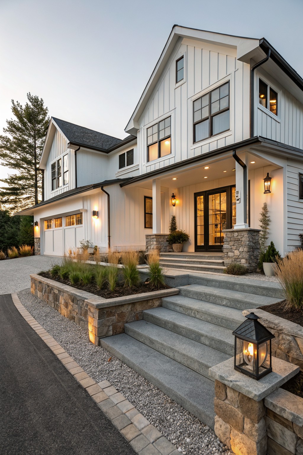 A two-story white house with dark trim at dusk, showing concrete steps leading to the front door, flanked by stone retaining walls with embedded lights and a black lantern on the right pillar.