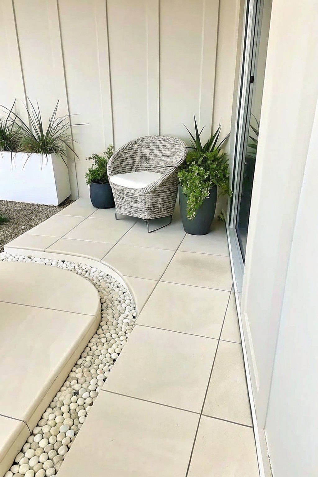 A patio with large beige tiles, a woven chair with white cushion, several potted plants, and a curved border of white pebbles separating the paving from a raised bed.