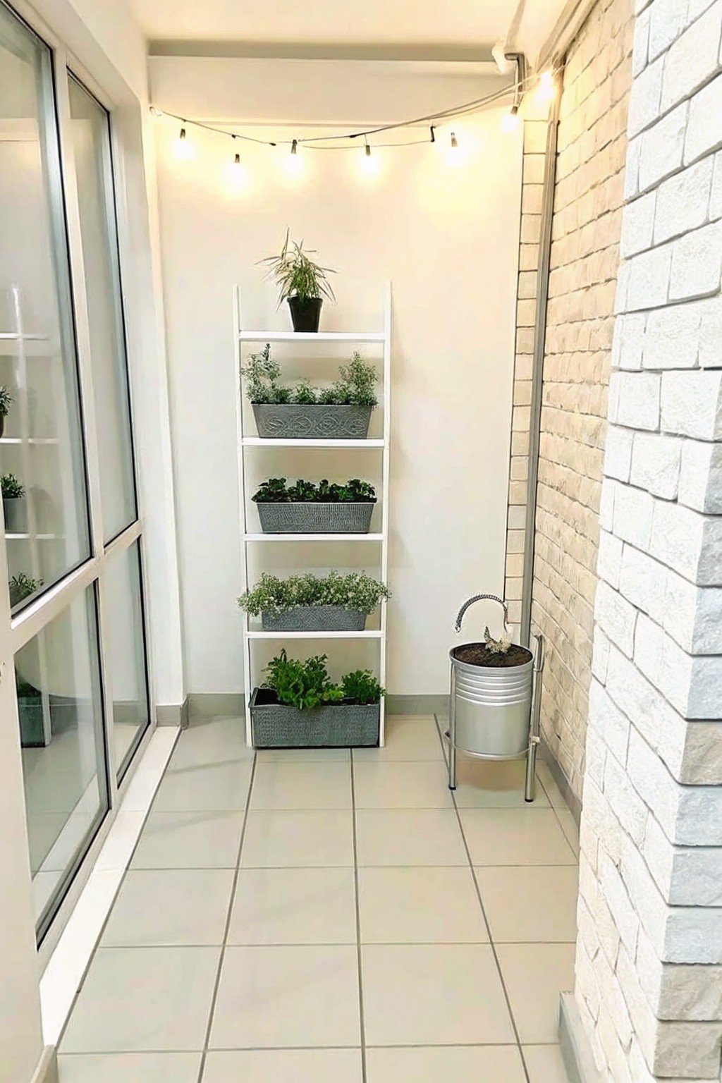 A narrow outdoor balcony features a tall white shelving unit holding several gray planters with green plants, string lights overhead, and a metal bucket planter beside a light brick wall.