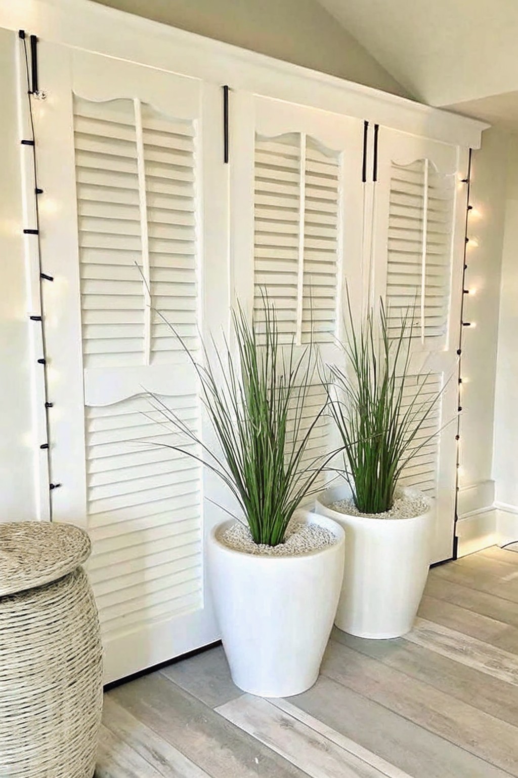 Two white planters with tall green plants before white louvered doors and string lights.