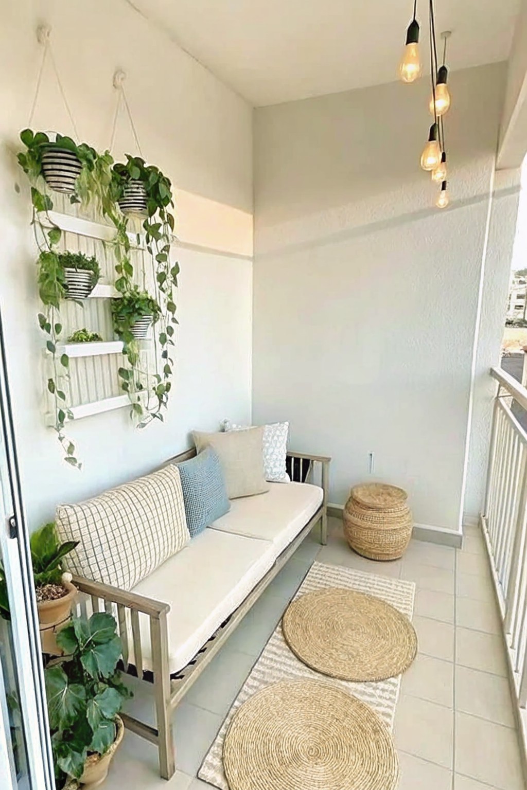 A narrow balcony shows a wooden bench with cushions against a light wall, a white wall-mounted shelf holding several striped hanging plant pots with trailing vines, two circular woven rugs on the tile floor, a woven stool, and exposed hanging light bulbs overhead.