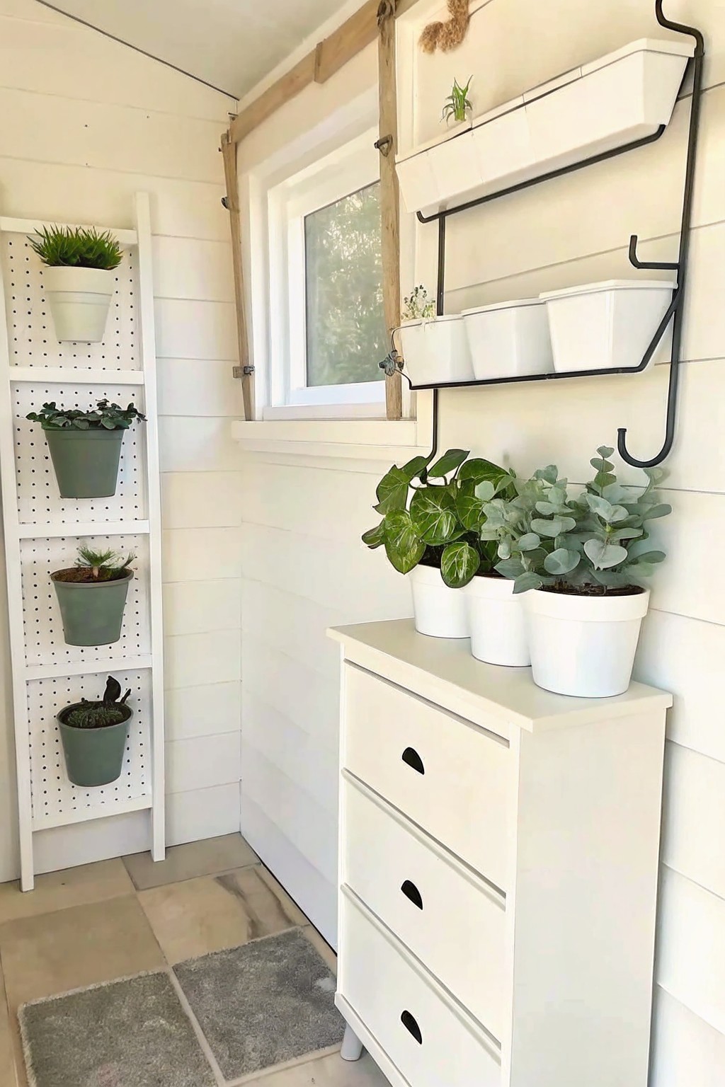 A white dresser with three drawers holds several potted plants on top inside a bright room with white walls, a pegboard on the left, and wall-mounted planters on the right.