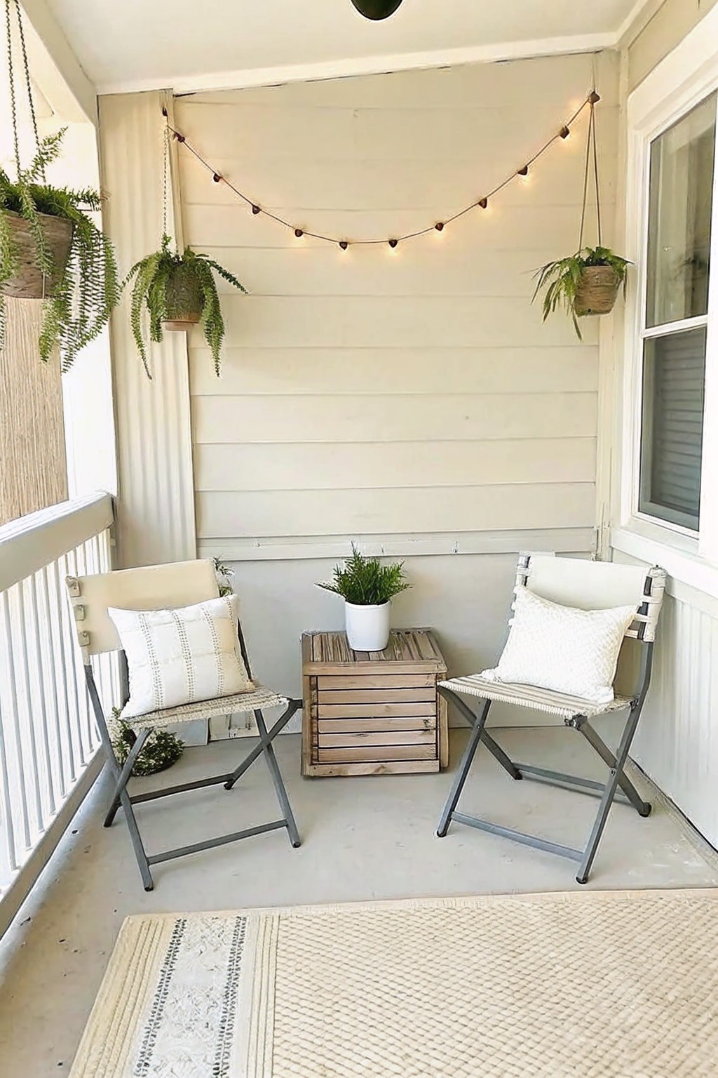 Two folding chairs with pillows flank wooden crate on rug with hanging plants and lights