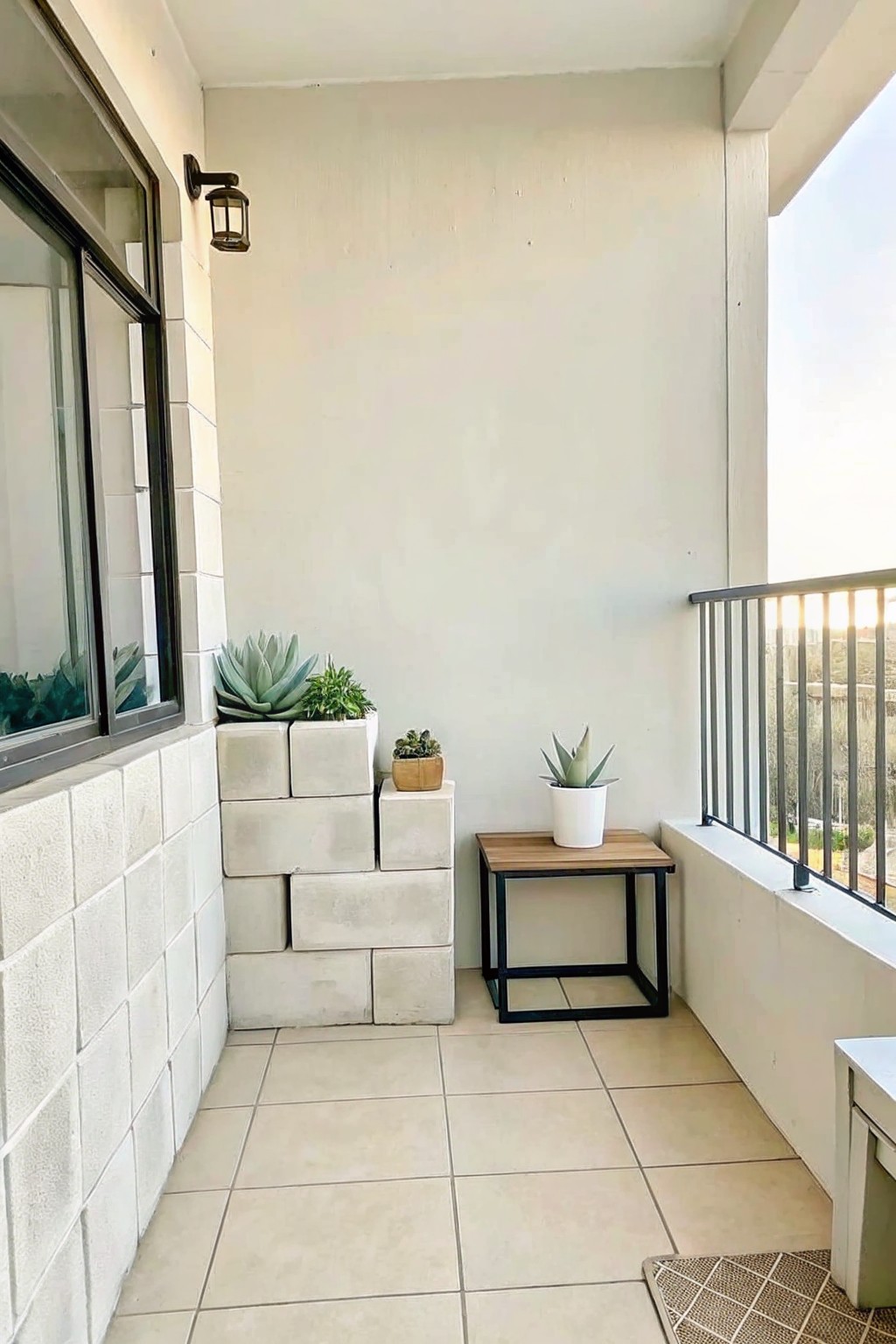 A small balcony with stacked concrete blocks used as plant stands holding succulents, next to a small wooden table with a potted plant.