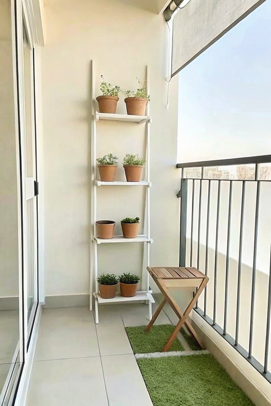 A white ladder shelf on a tiled balcony holds six terracotta pots with small plants, with a wooden stool and two green mats nearby.