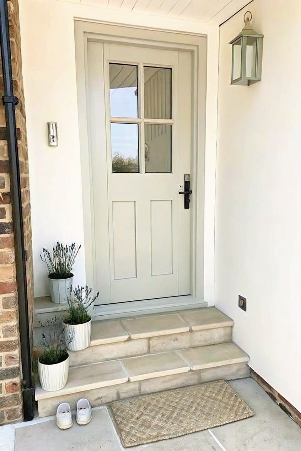Light-colored front door with three potted plants arranged on the stone steps leading to it.
