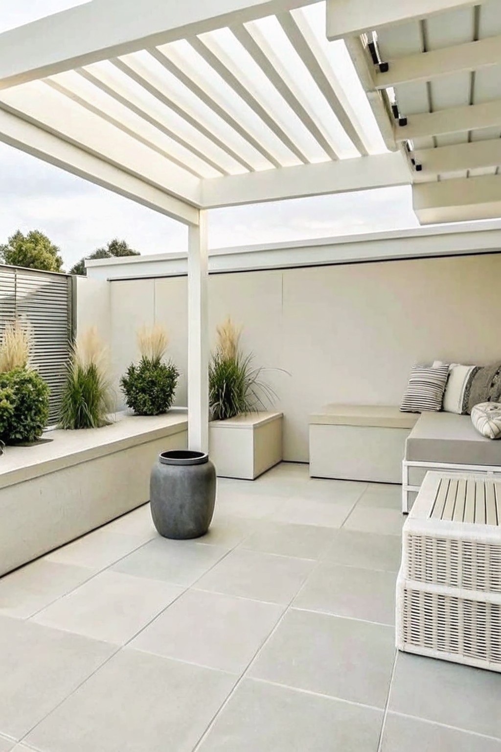 A modern outdoor patio with a white pergola overhead, built-in seating along the walls, and a large gray pot positioned on the tiled floor near raised planters with grasses and shrubs.