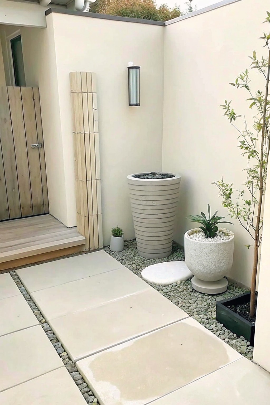 A small outdoor courtyard with light stone pavers bordered by gravel, featuring a tall ribbed concrete pot, a shorter textured pot with a plant, and a small tree in a planter against a plain wall.