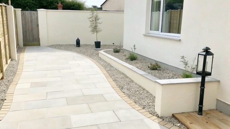 Curved beige stone path beside house wall with gravel plant bed and lantern.