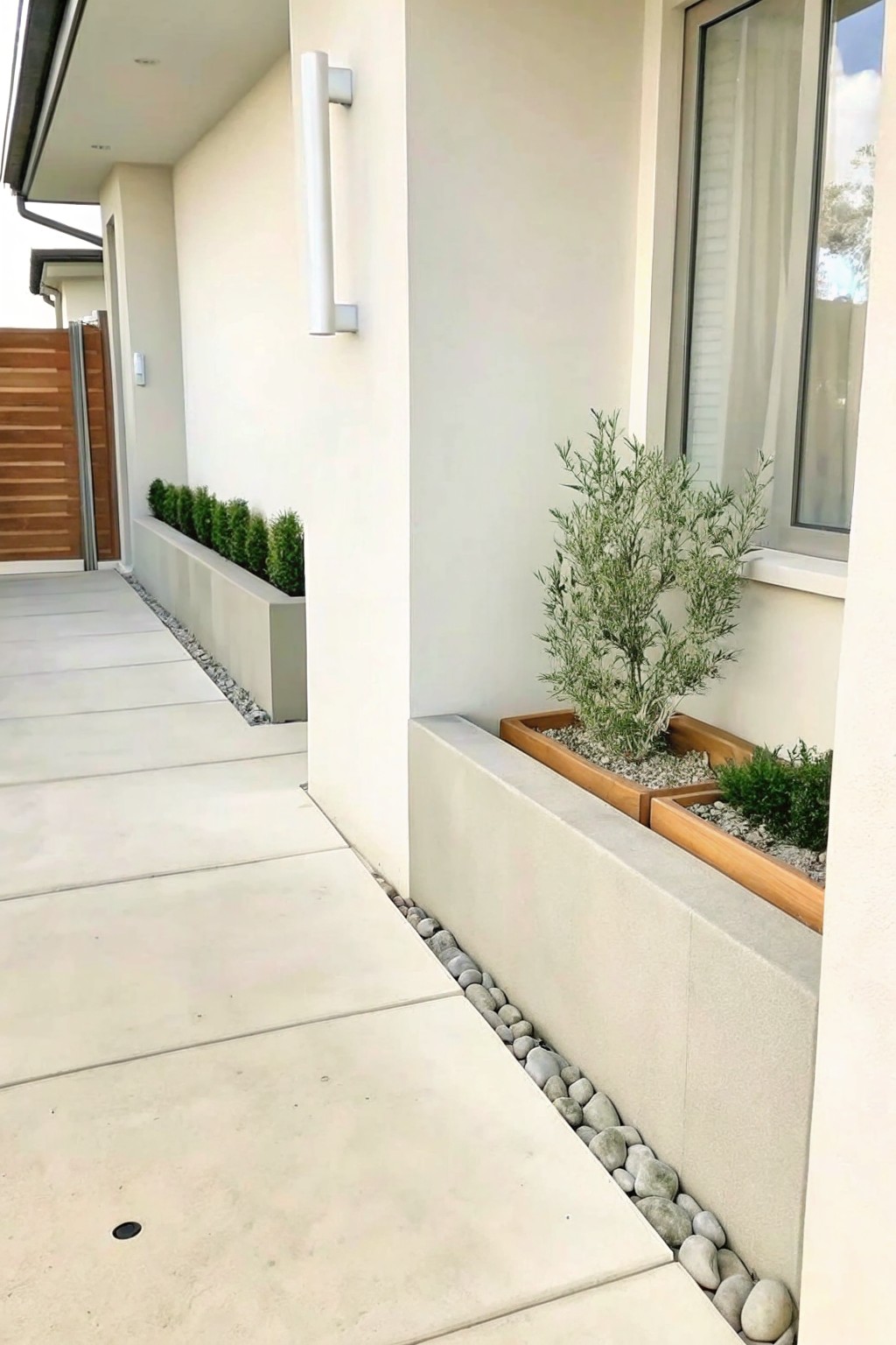 A concrete walkway runs beside raised garden beds with timber edging, gravel fill, and several shrubs planted along a house wall.