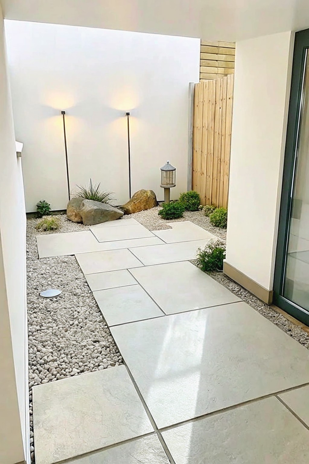 A narrow outdoor garden path of large light-colored rectangular pavers set in gravel with rocks and small plants along the edges.