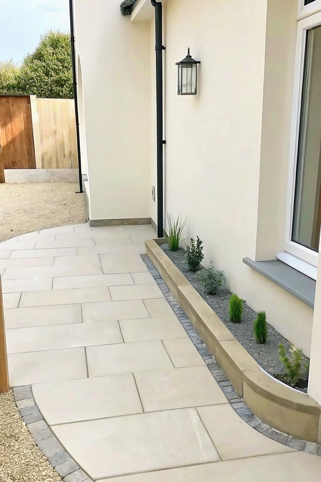 Curved beige stone path beside house wall with gravel plant bed and lantern.
