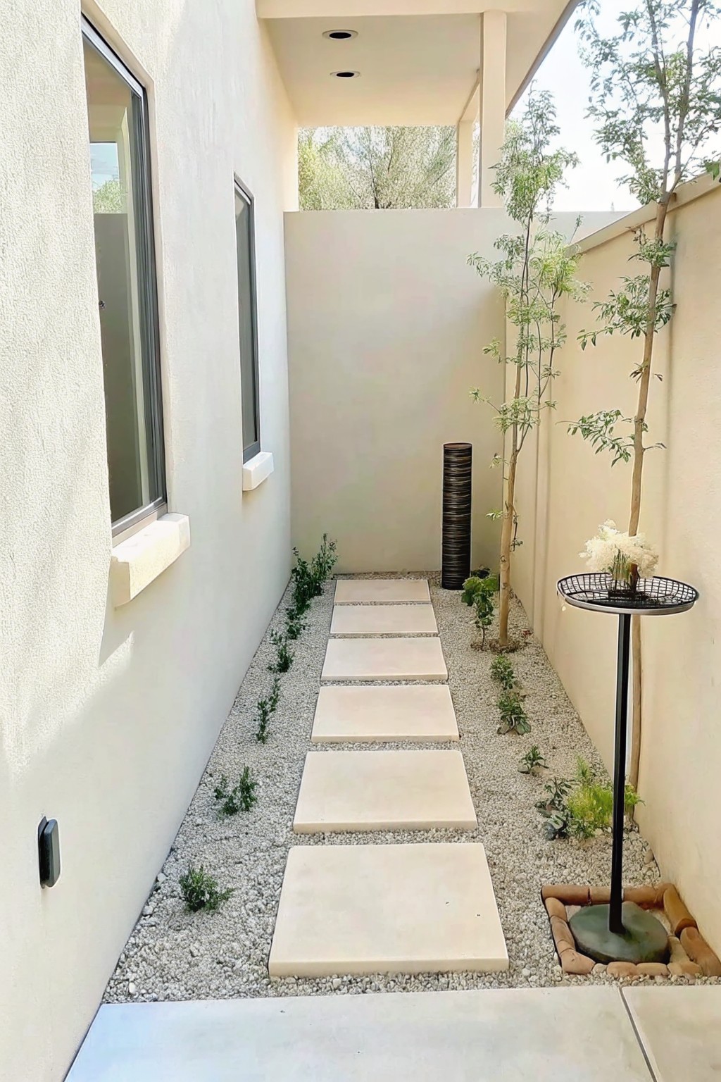 A narrow garden path of rectangular concrete stepping stones set in white gravel, with small plants and young trees along the sides next to a building wall.