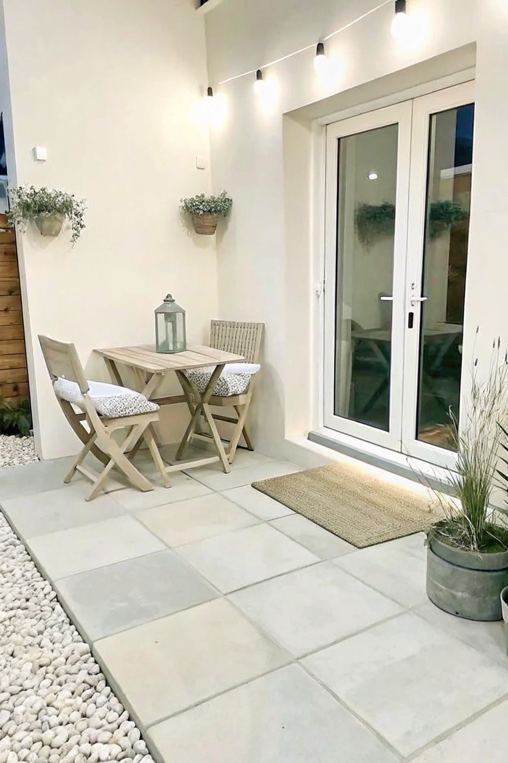 Light gray tiled patio with a wooden table and two chairs, a woven rug, potted plants, and a strip of white gravel along the left edge next to a house wall.