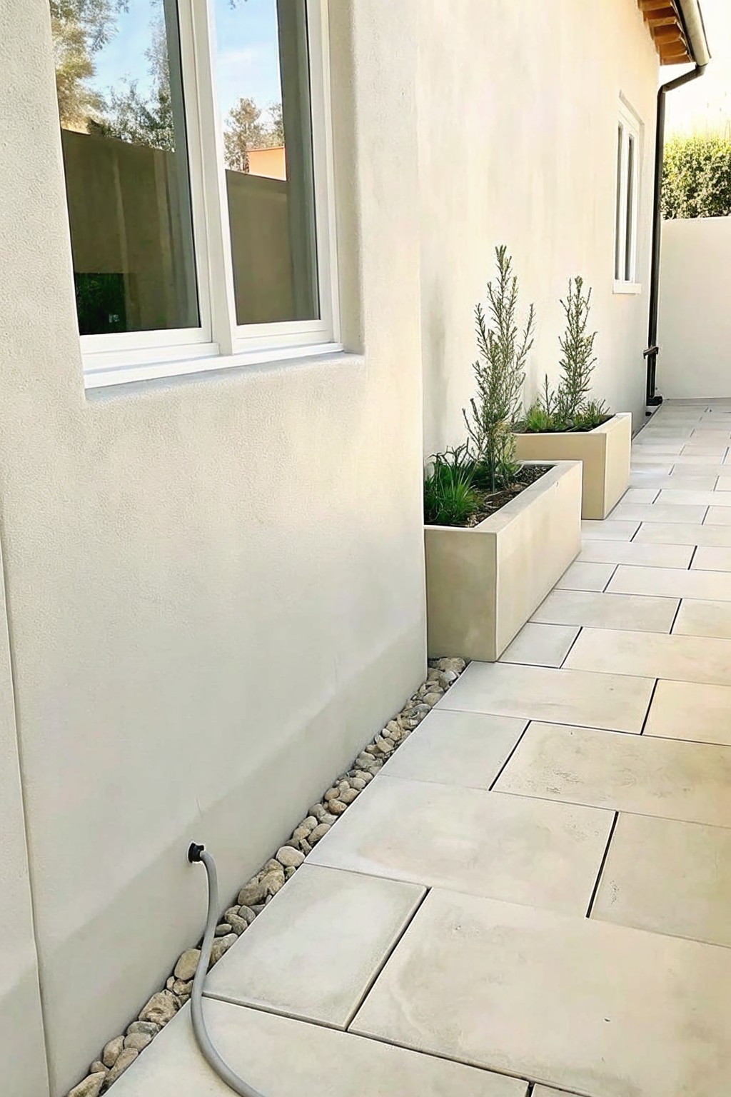 Rectangular planters with shrubs line a tiled walkway beside a white stucco wall