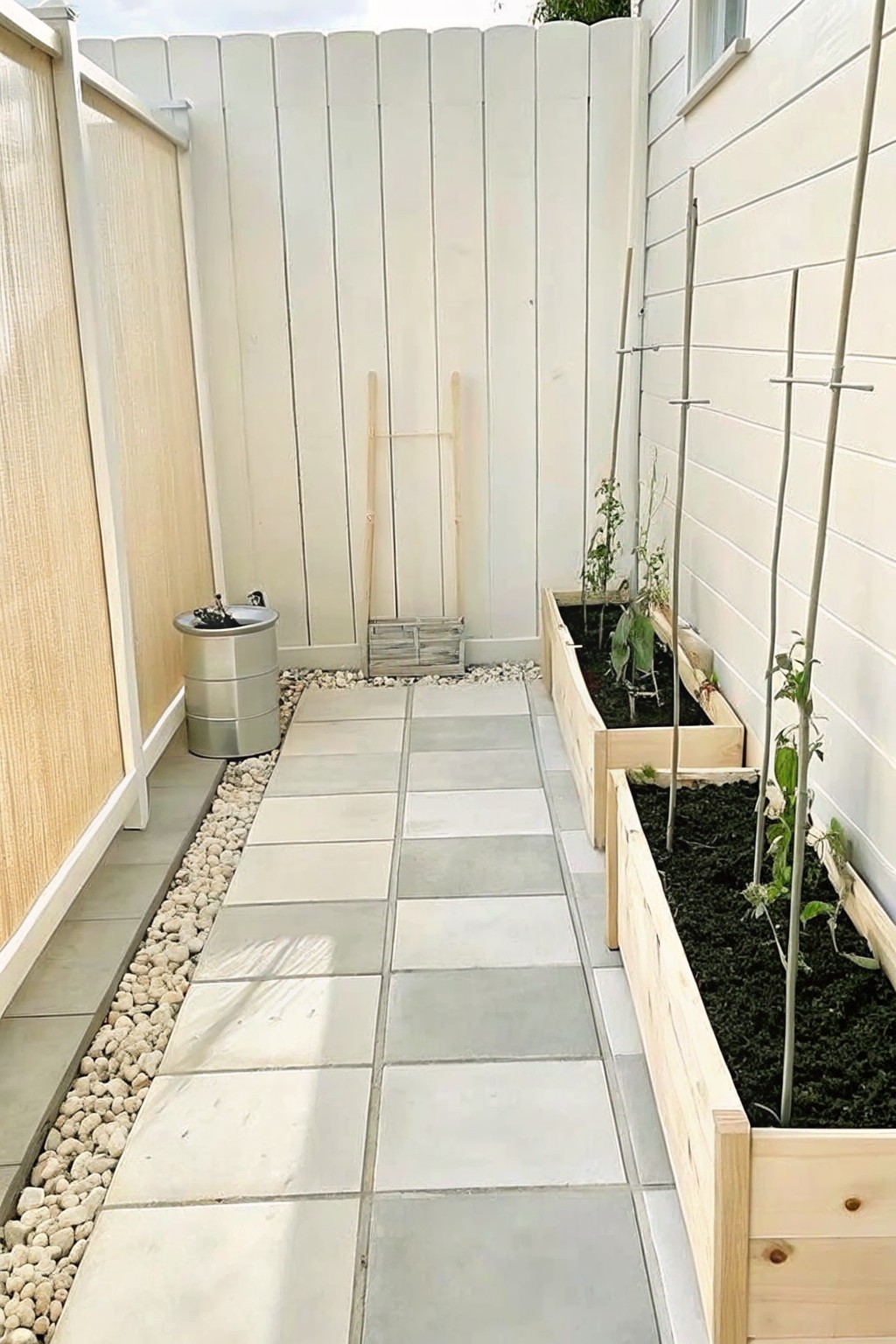 A narrow garden walkway of square concrete pavers bordered by gravel on one side and raised wooden planter boxes on the other.
