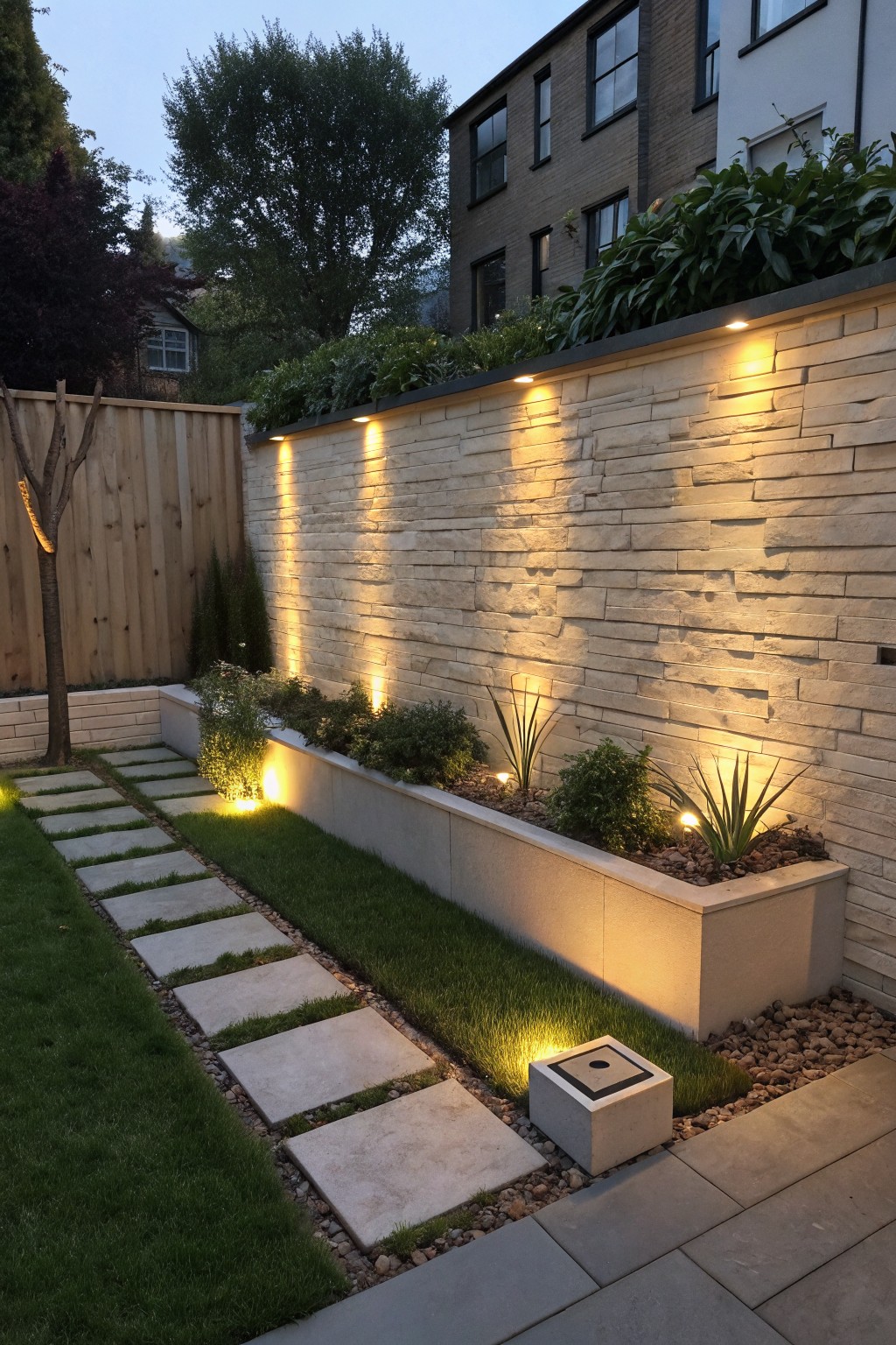 A narrow garden with a stone path, grass strip, and raised planter bed against a lit stone retaining wall at dusk.