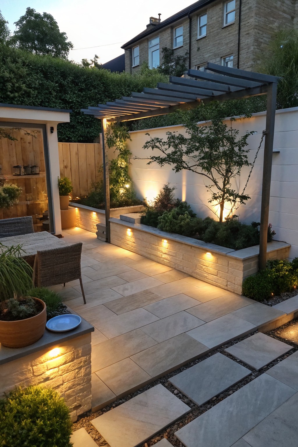A modern backyard patio at dusk with a wooden pergola, stone walls containing recessed lights, paved seating area, and raised planting beds against a white fence.
