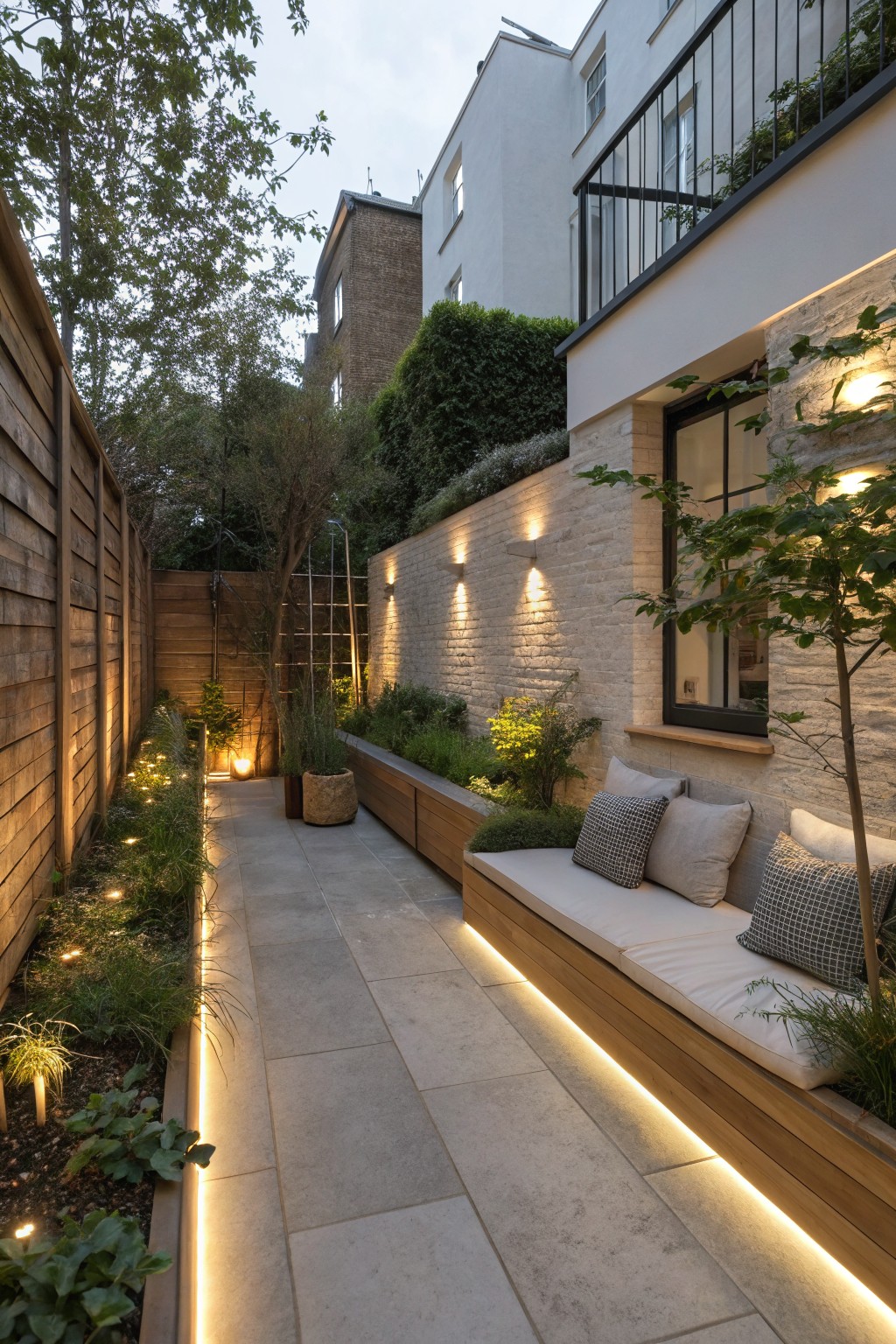 Modern urban patio with built-in wooden bench, stone walls, and warm lighting.