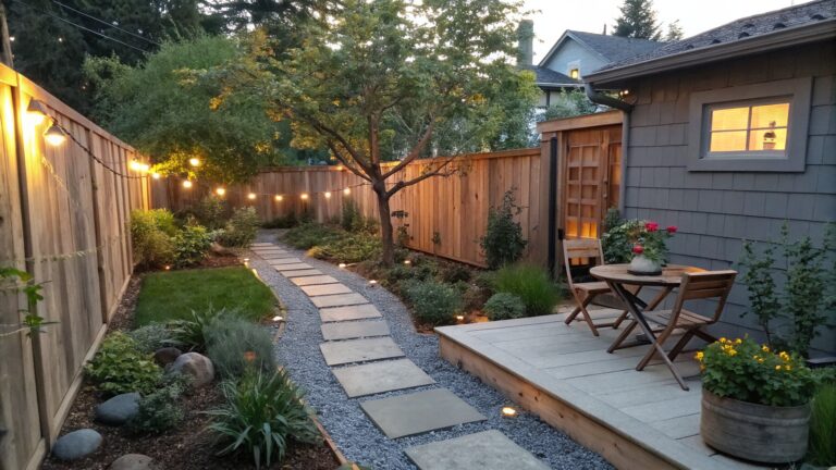 16 Clever Small Garden Lighting Ideas That Avoid Visual Clutter A narrow garden path of stone pavers runs between a wooden fence and a house, with string lights strung overhead and a small round table with two chairs on the gravel to the right.