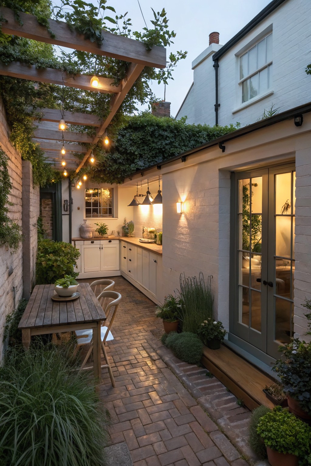 A narrow brick courtyard with a wooden pergola strung with lights, white outdoor kitchen cabinets, a small dining table, and potted plants beside a glass door.