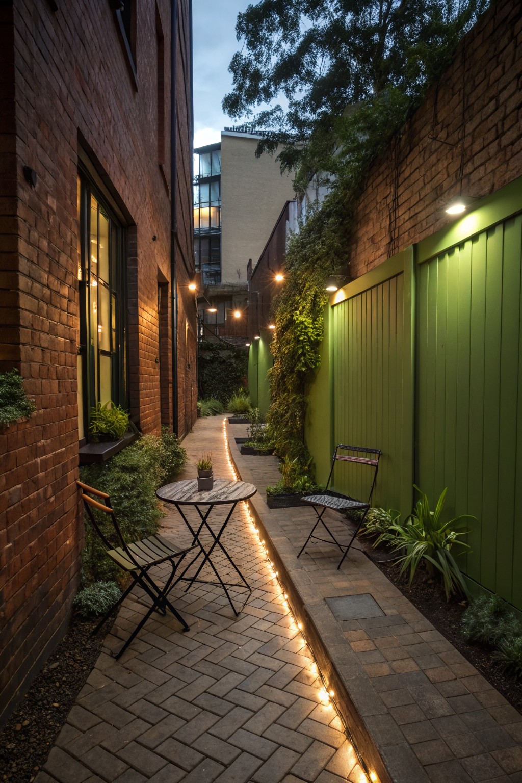 Narrow brick alley at dusk with string lights, round table, chairs, and green fence.