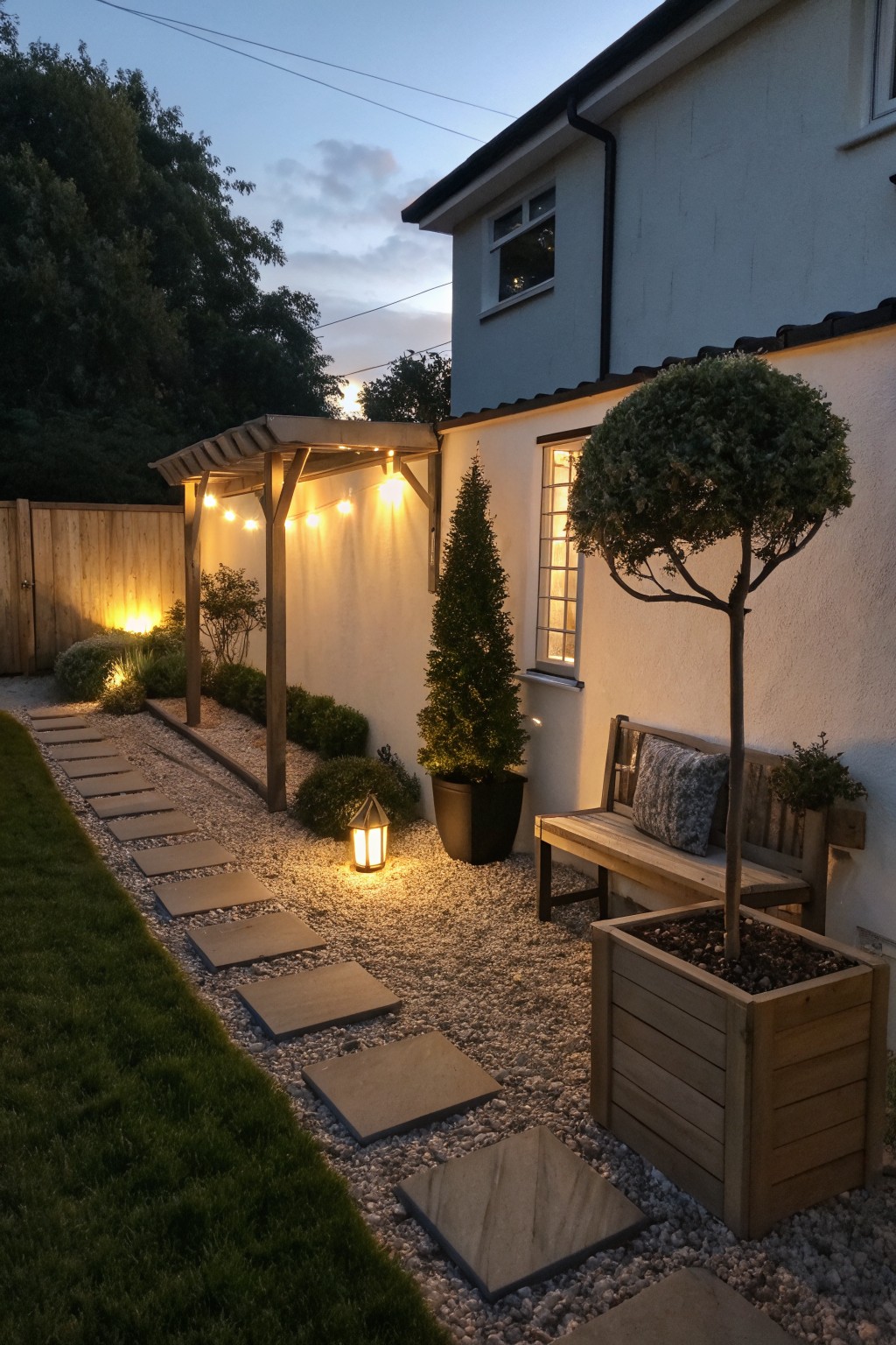 A gravel garden path with rectangular stepping stones is lit at dusk by a small lantern on the ground, with string lights overhead and a wooden bench beside a large planter.
