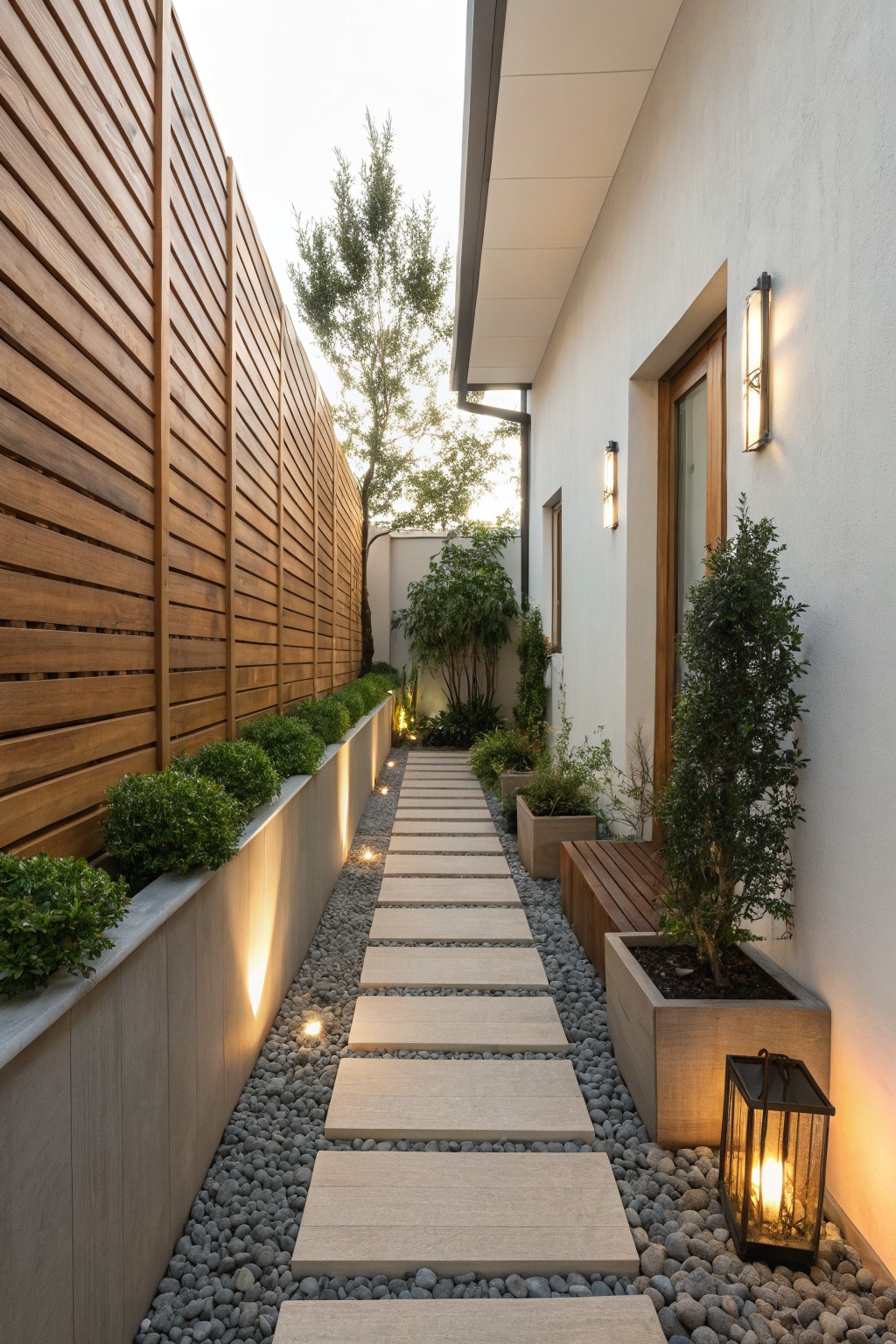 Narrow stone pathway with gravel, planters, wooden fence, and warm lighting.