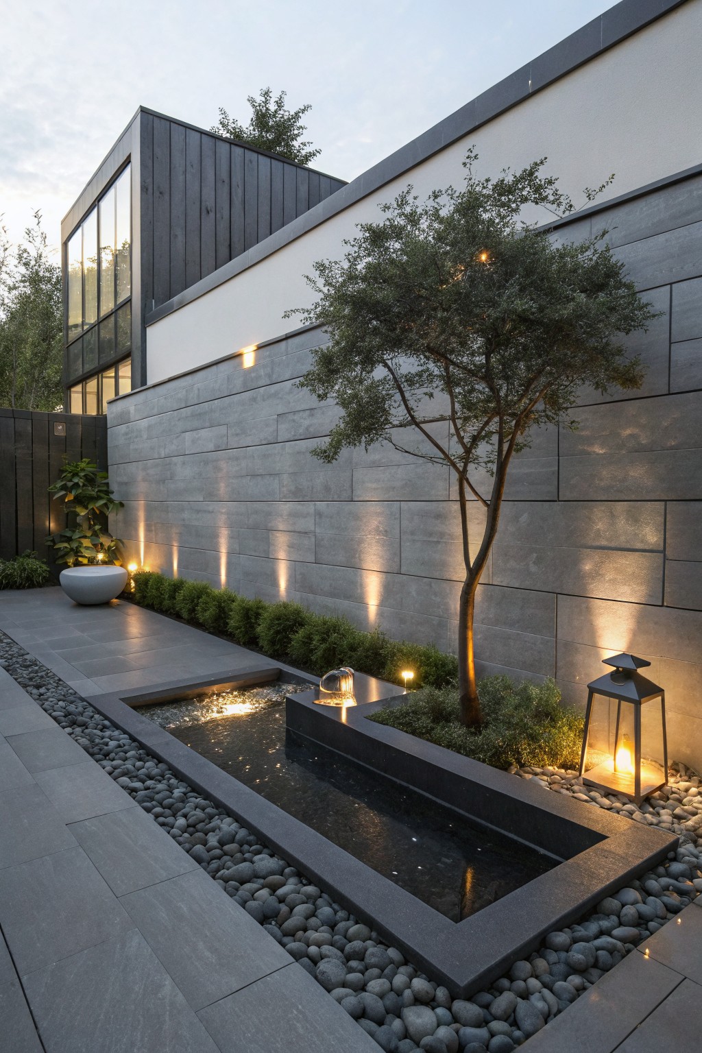 A modern courtyard shows a rectangular water feature with dark edging, surrounded by pebbles, a tree, and low lights mounted along a gray stone wall.