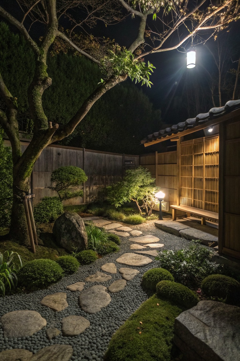 Nighttime Japanese garden with stone path, gravel, lanterns, and wooden shoji house.