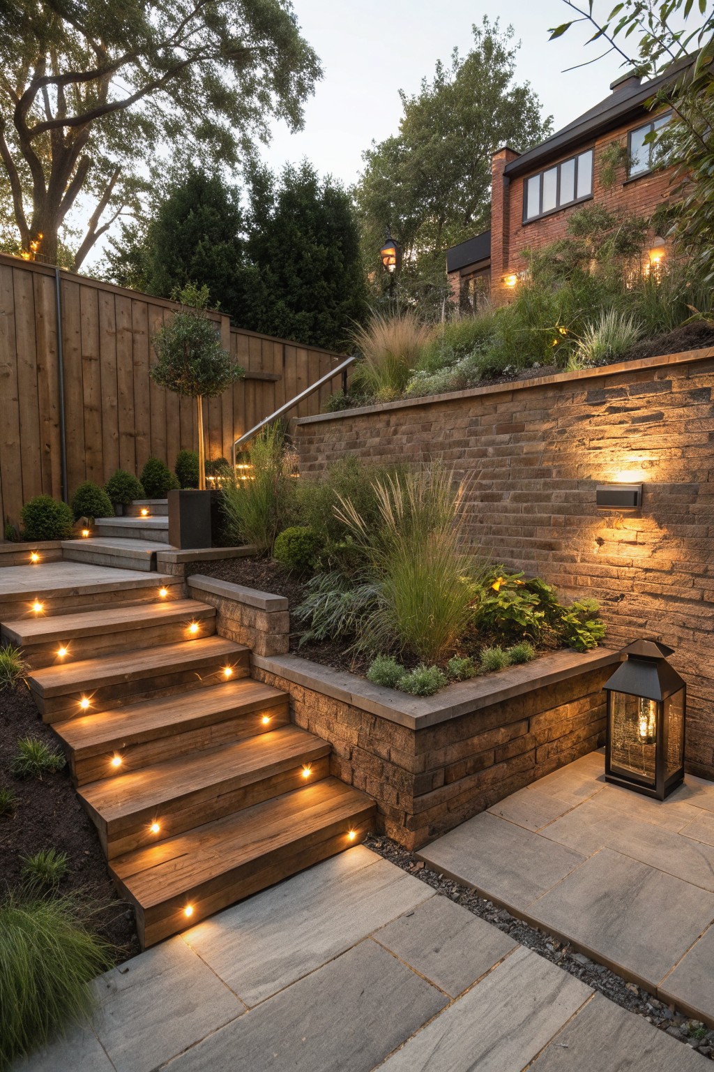 Wooden stairs with embedded lights beside brick walls, plants, and a patio lantern at dusk.