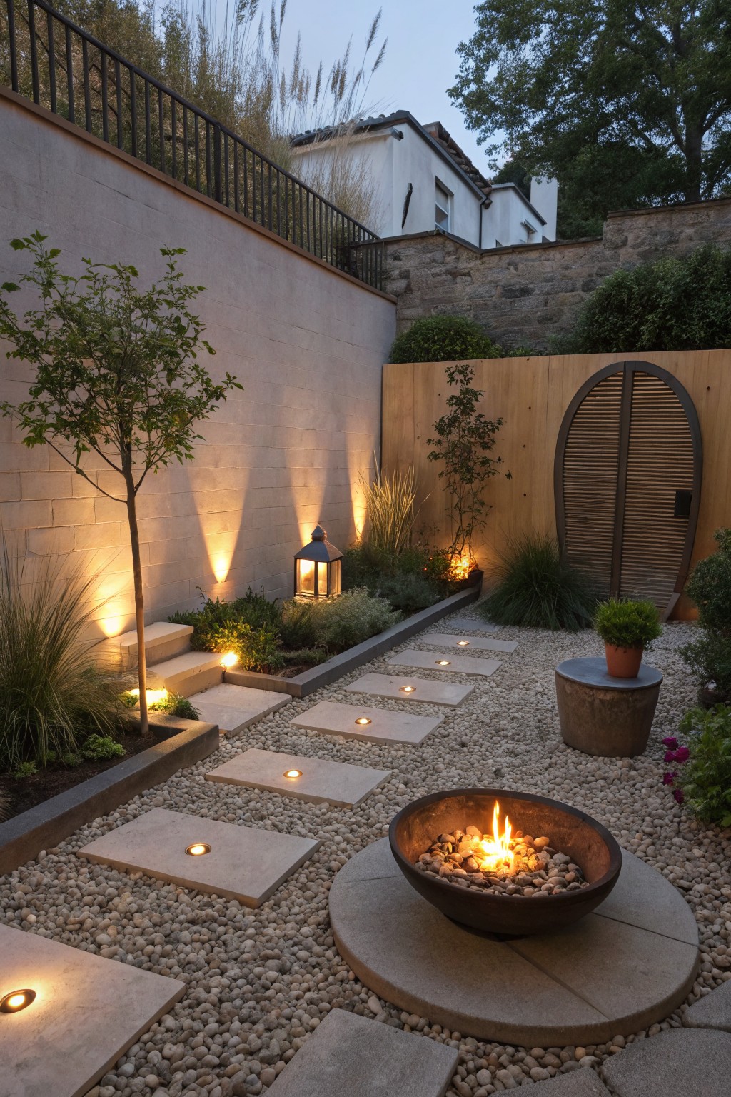 A gravel garden path lined with rectangular stone stepping stones, each containing a small recessed light, leading toward a round fire pit.