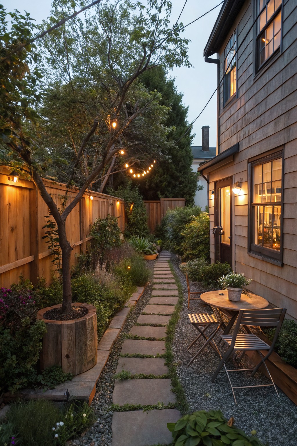 A narrow garden path of stone pavers runs between a wooden fence and a house, with string lights strung overhead and a small round table with two chairs on the gravel to the right.