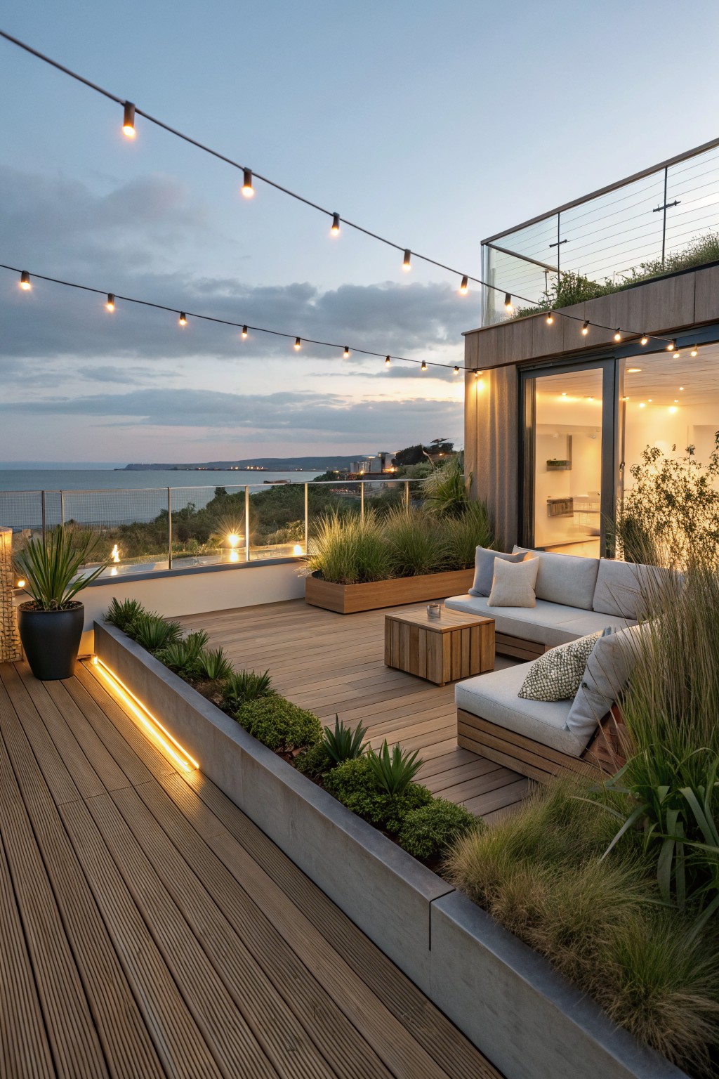 A modern rooftop terrace at dusk with wooden decking, built-in seating, concrete planters with grasses, and string lights overhead overlooking the sea.