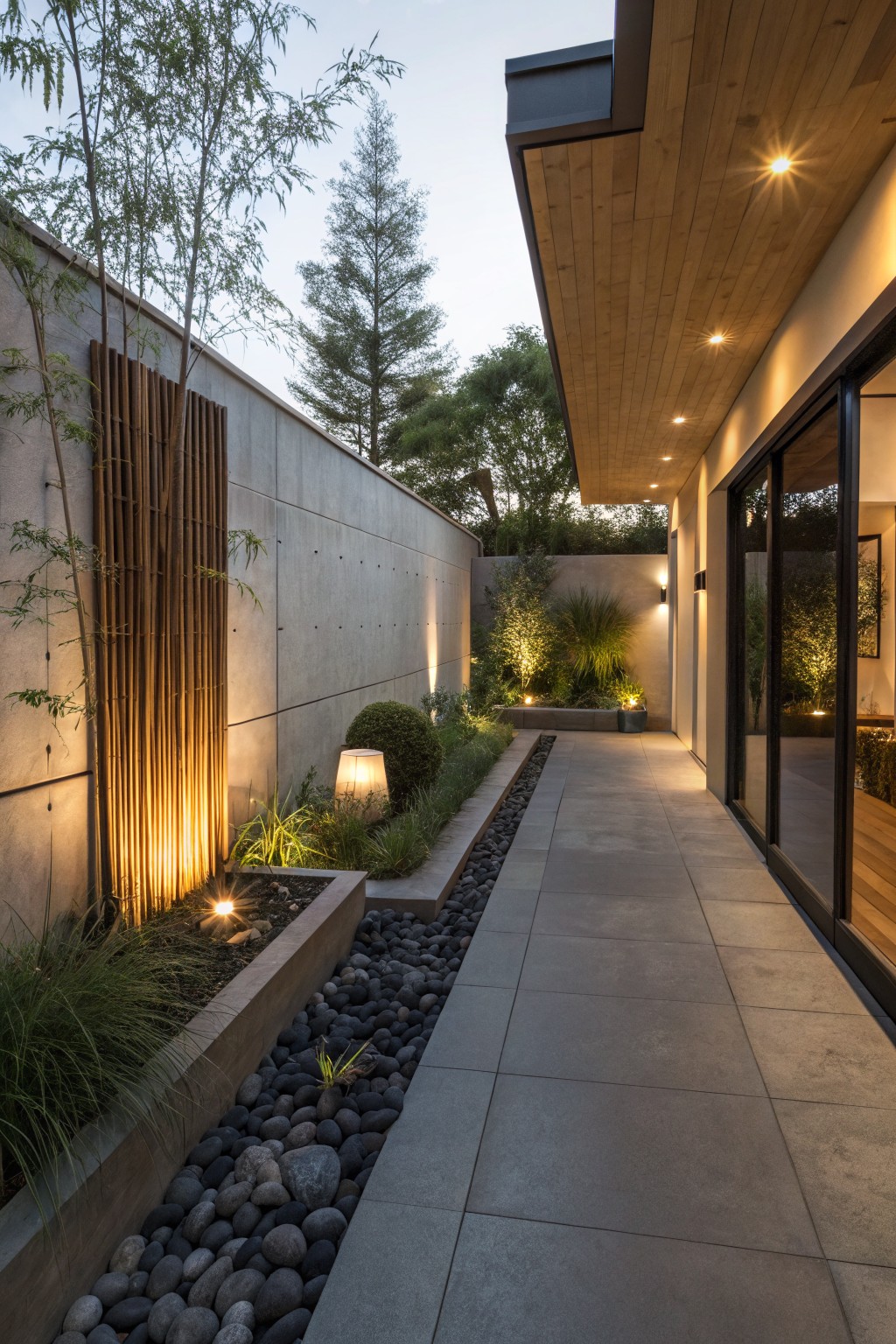 Modern side yard with concrete path, pebble garden, lit wall and glass doors at dusk