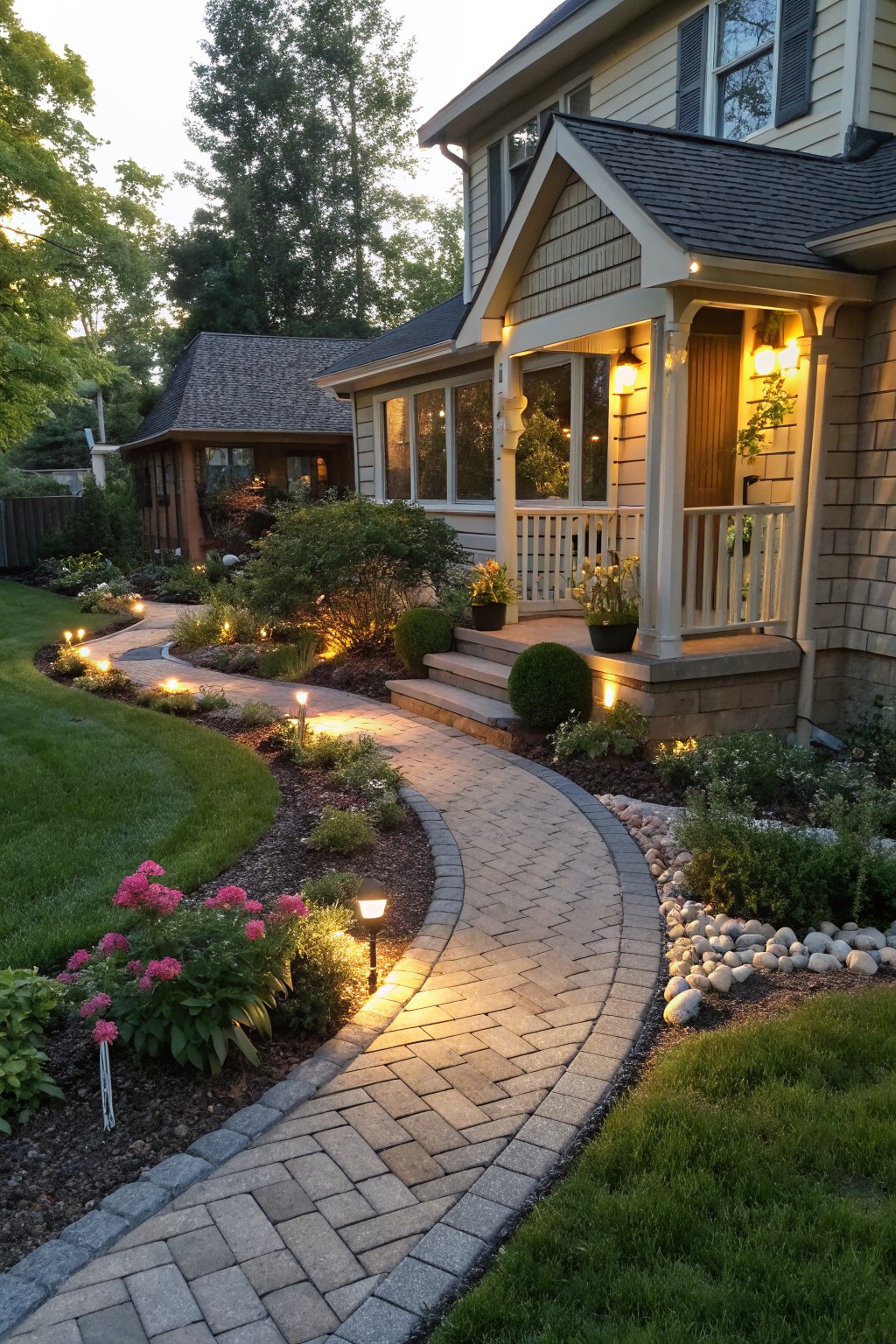 Illuminated brick path curves through landscaped garden to a house porch at dusk.