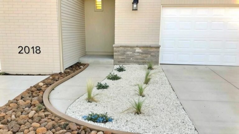 A curved concrete path runs beside a lawn with a thin brown metal edging strip separating the grass from the walkway and raised planter beds.
